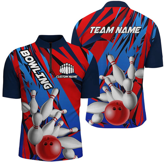Custom Bowling Polo Shirts, Blue And Red Custom Strike Bowling Team Shirts, Patriotic Unisex Bowling Tournament Jerseys