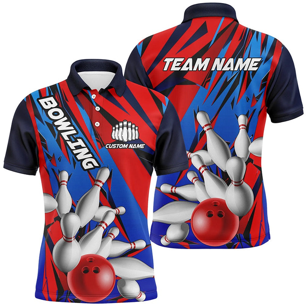 Custom Bowling Polo Shirts, Blue And Red Custom Strike Bowling Team Shirts, Patriotic Unisex Bowling Tournament Jerseys