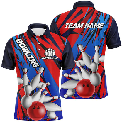Custom Bowling Polo Shirts, Blue And Red Custom Strike Bowling Team Shirts, Patriotic Unisex Bowling Tournament Jerseys