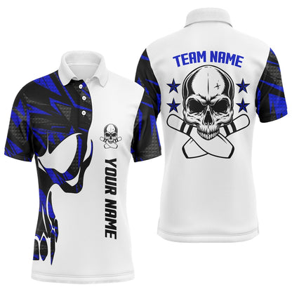 Custom Bowling Polo Shirts, Blue And White Bowling Polo Shirts For Men Custom Name And Team Name Skull Bowling, Team Bowling Shirt