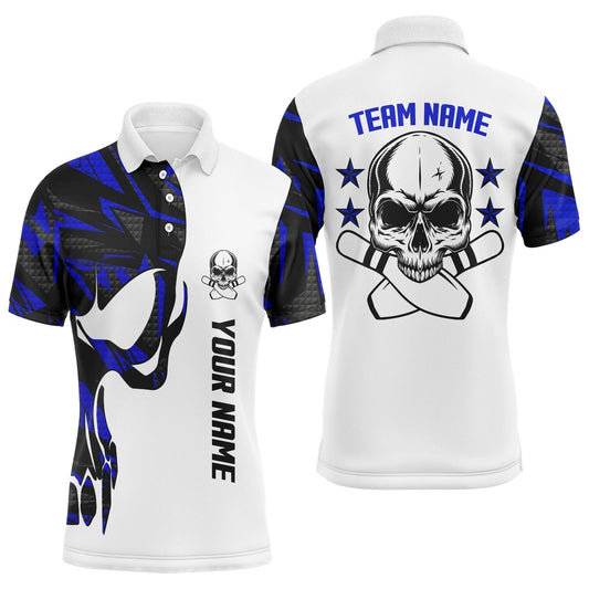 Custom Bowling Polo Shirts, Blue And White Bowling Polo Shirts For Men Custom Name And Team Name Skull Bowling, Team Bowling Shirt