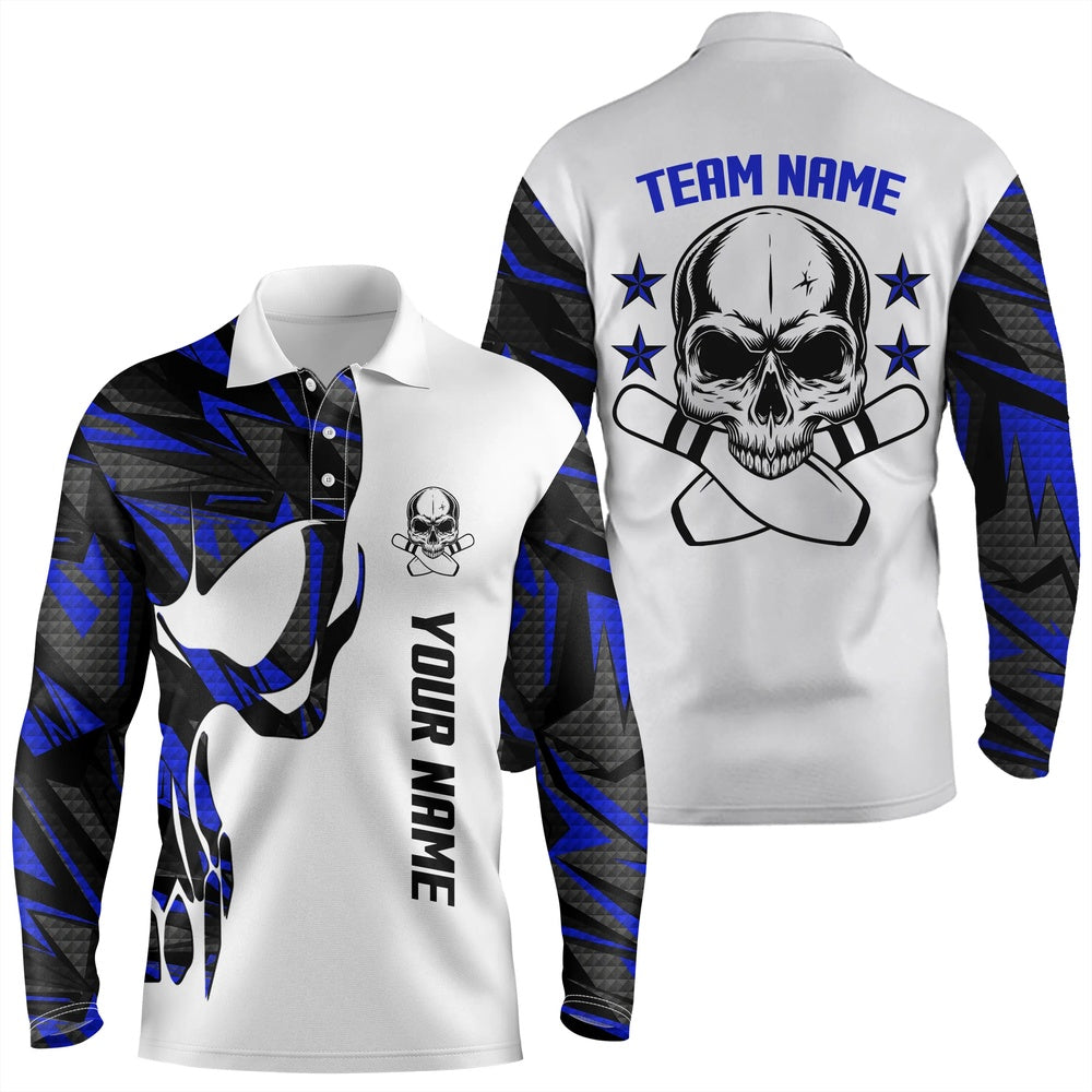 Custom Bowling Polo Shirts, Blue And White Bowling Polo Shirts For Men Custom Name And Team Name Skull Bowling, Team Bowling Shirt