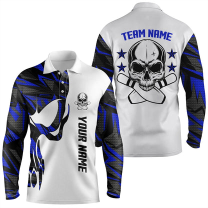 Custom Bowling Polo Shirts, Blue And White Bowling Polo Shirts For Men Custom Name And Team Name Skull Bowling, Team Bowling Shirt