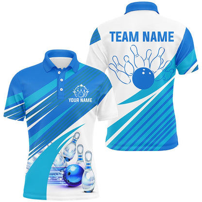 Custom Bowling Polo Shirts, Blue And White Mens Bowling Shirts Custom Bowling Team League Jerseys, Gifts For Mens Bowlers