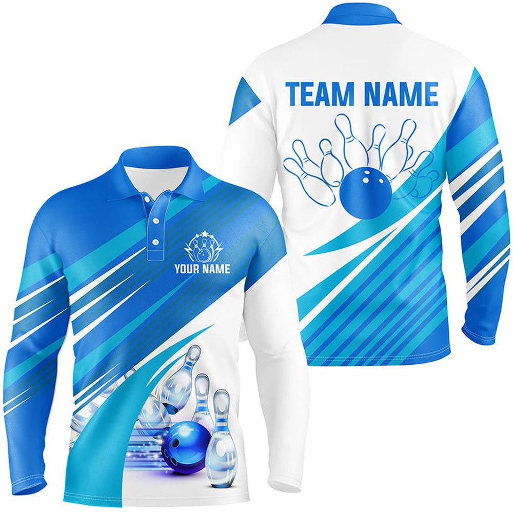 Custom Bowling Polo Shirts, Blue And White Mens Bowling Shirts Custom Bowling Team League Jerseys, Gifts For Mens Bowlers