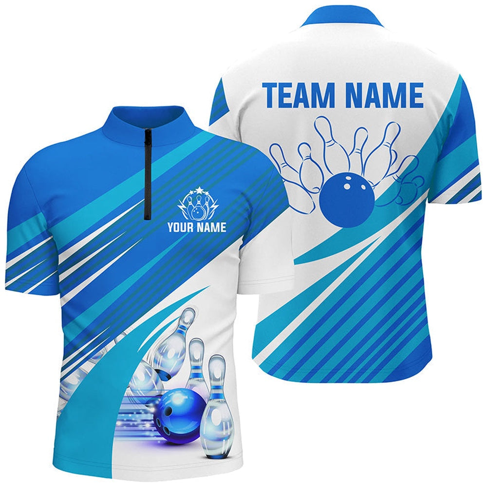 Custom Bowling Polo Shirts, Blue And White Mens Bowling Shirts Custom Bowling Team League Jerseys, Gifts For Mens Bowlers