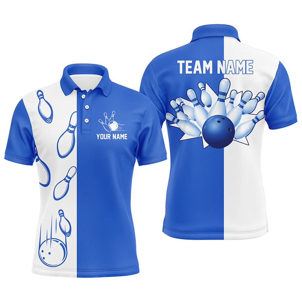 Custom Bowling Polo Shirts, Blue And White Retro Vintage Bowling Polo Shirts For Men Custom Bowling Team Jerseys