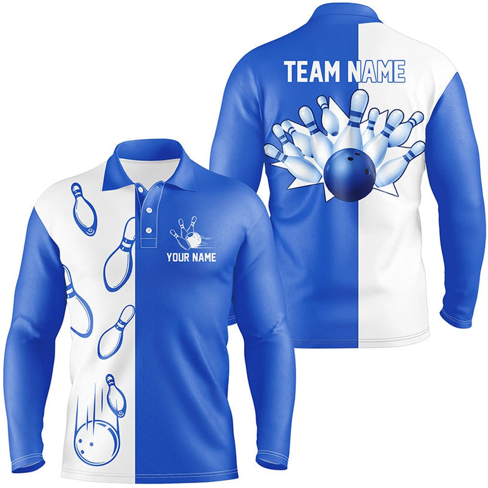 Custom Bowling Polo Shirts, Blue And White Retro Vintage Bowling Polo Shirts For Men Custom Bowling Team Jerseys