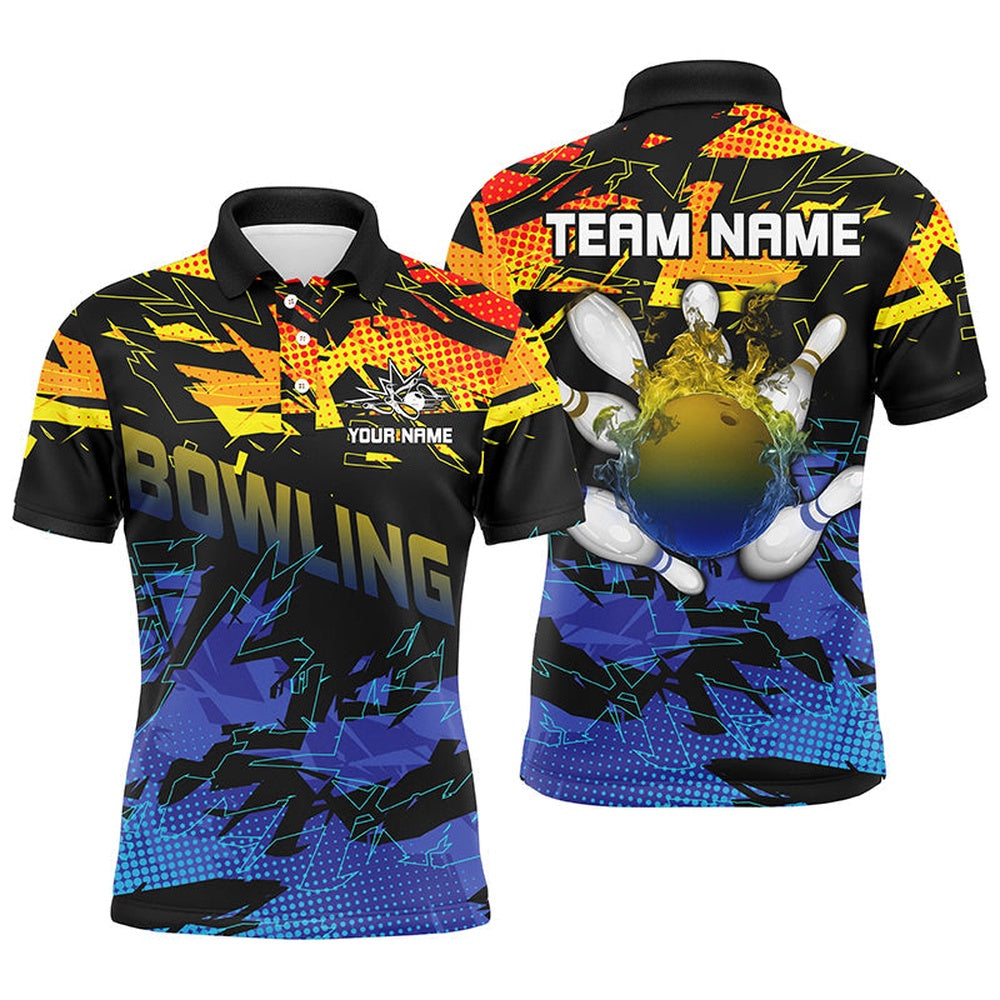 Custom Bowling Polo Shirts, Blue And Yellow Camo Bowling Polo Shirts For Men Custom Team Bowling Jerseys For Men, Gift For Bowlers