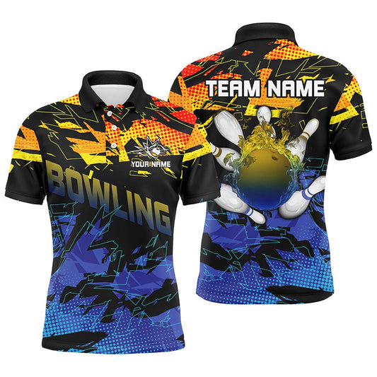 Custom Bowling Polo Shirts, Blue And Yellow Camo Bowling Polo Shirts For Men Custom Team Bowling Jerseys For Men, Gift For Bowlers