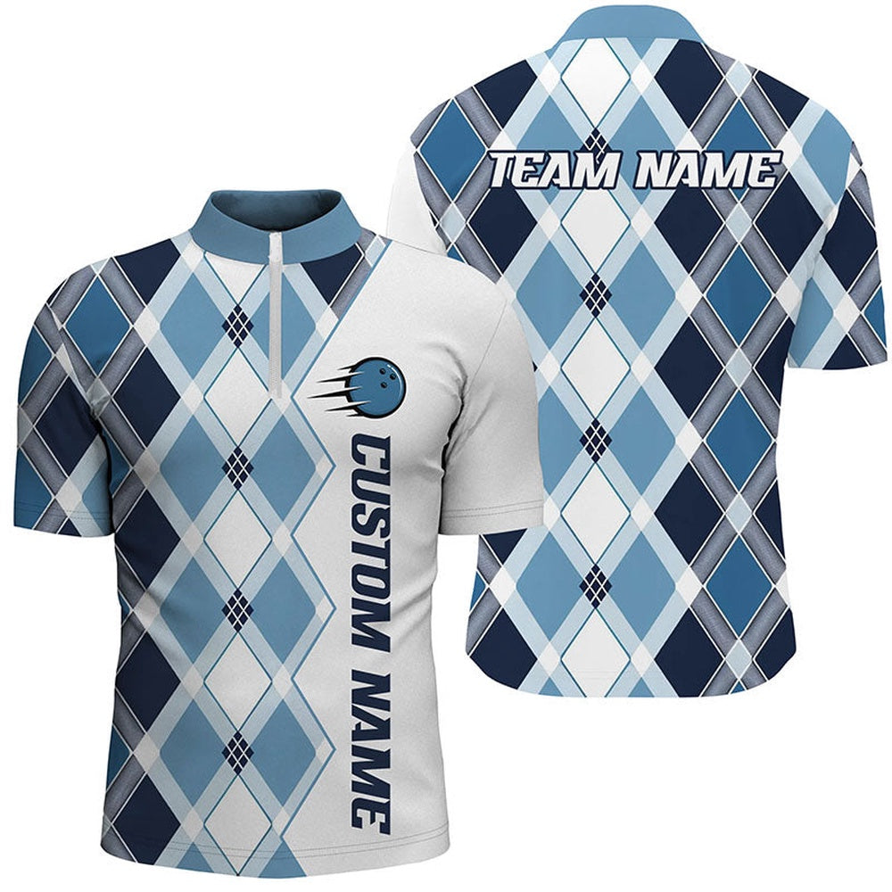 Custom Bowling Polo Shirts, Blue Argyle Custom Bowling Shirts For Men And Women, Bowling Tournament Team Jerseys
