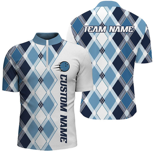 Custom Bowling Polo Shirts, Blue Argyle Custom Bowling Shirts For Men And Women, Bowling Tournament Team Jerseys