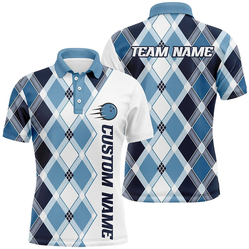 Custom Bowling Polo Shirts, Blue Argyle Custom Bowling Shirts For Men And Women, Bowling Tournament Team Jerseys