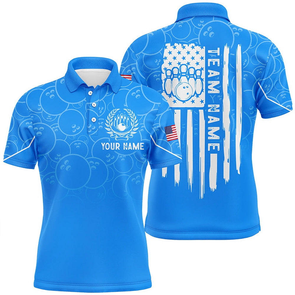 Custom Bowling Polo Shirts, Blue Bowling Camo Mens Polo Bowling Shirts Custom American Flag Patriotic Bowling Team League Jerseys