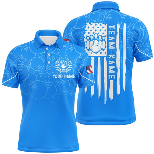 Custom Bowling Polo Shirts, Blue Bowling Camo Mens Polo Bowling Shirts Custom American Flag Patriotic Bowling Team League Jerseys