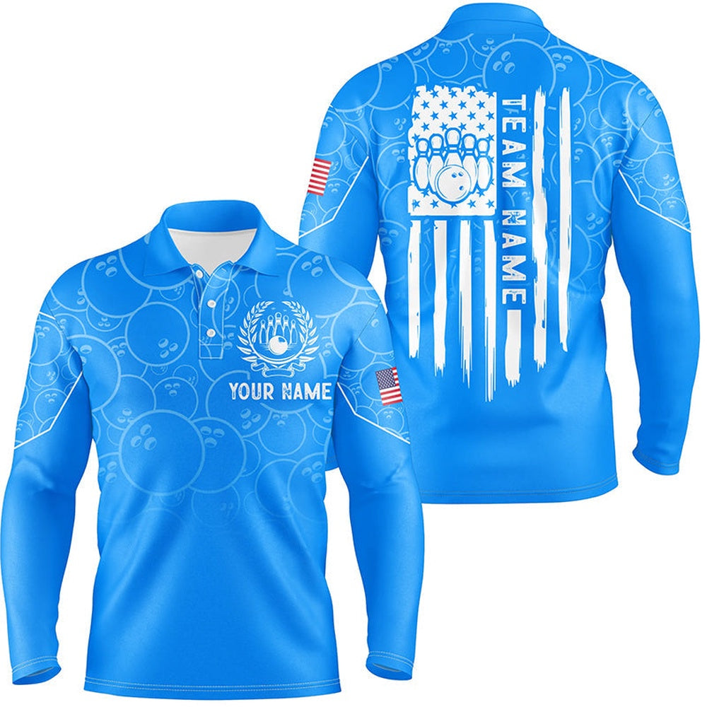 Custom Bowling Polo Shirts, Blue Bowling Camo Mens Polo Bowling Shirts Custom American Flag Patriotic Bowling Team League Jerseys