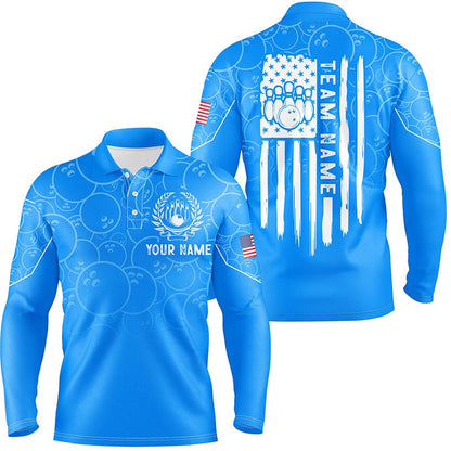 Custom Bowling Polo Shirts, Blue Bowling Camo Mens Polo Bowling Shirts Custom American Flag Patriotic Bowling Team League Jerseys
