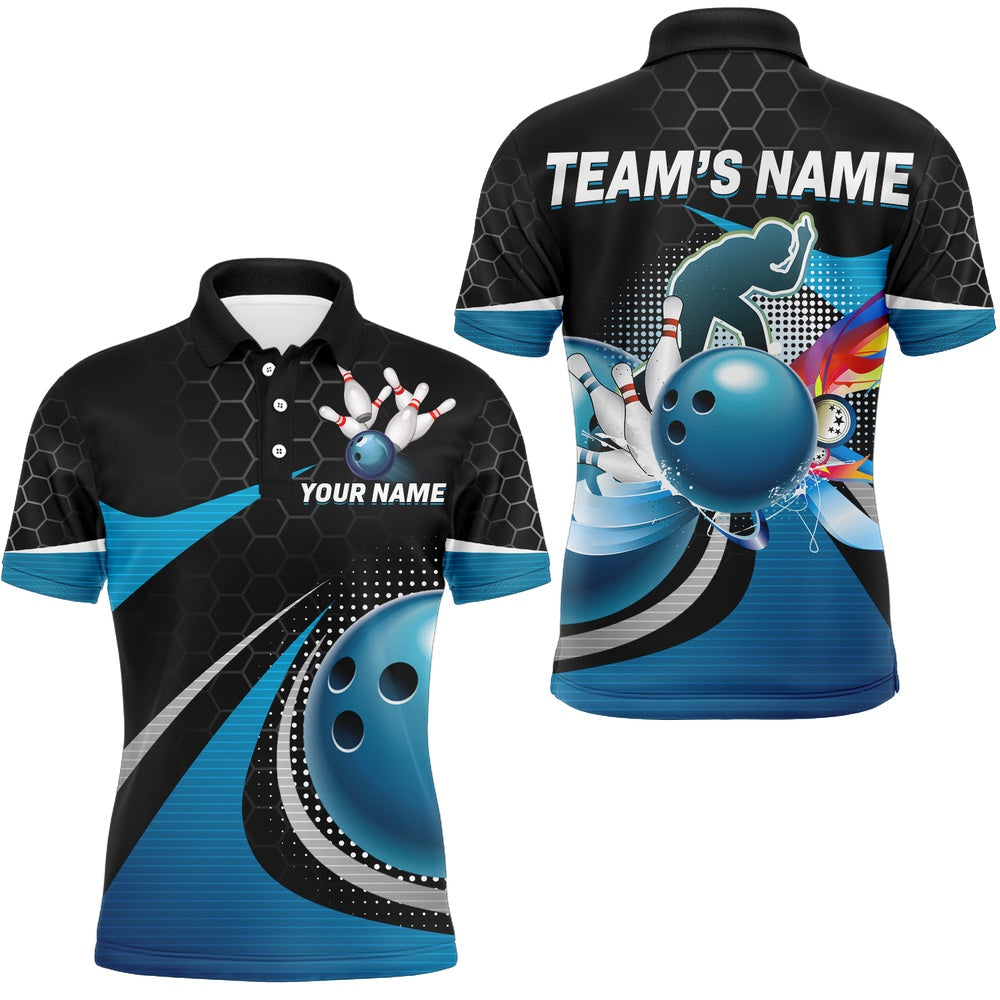 Custom Bowling Polo Shirts, Blue Bowling League Shirt Men Personalized Bowling Team Jersey Custom Bowling Polo Shirt