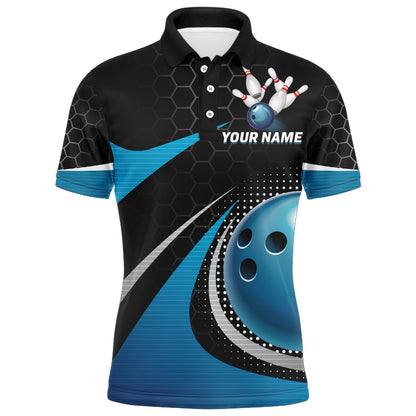 Custom Bowling Polo Shirts, Blue Bowling League Shirt Men Personalized Bowling Team Jersey Custom Bowling Polo Shirt