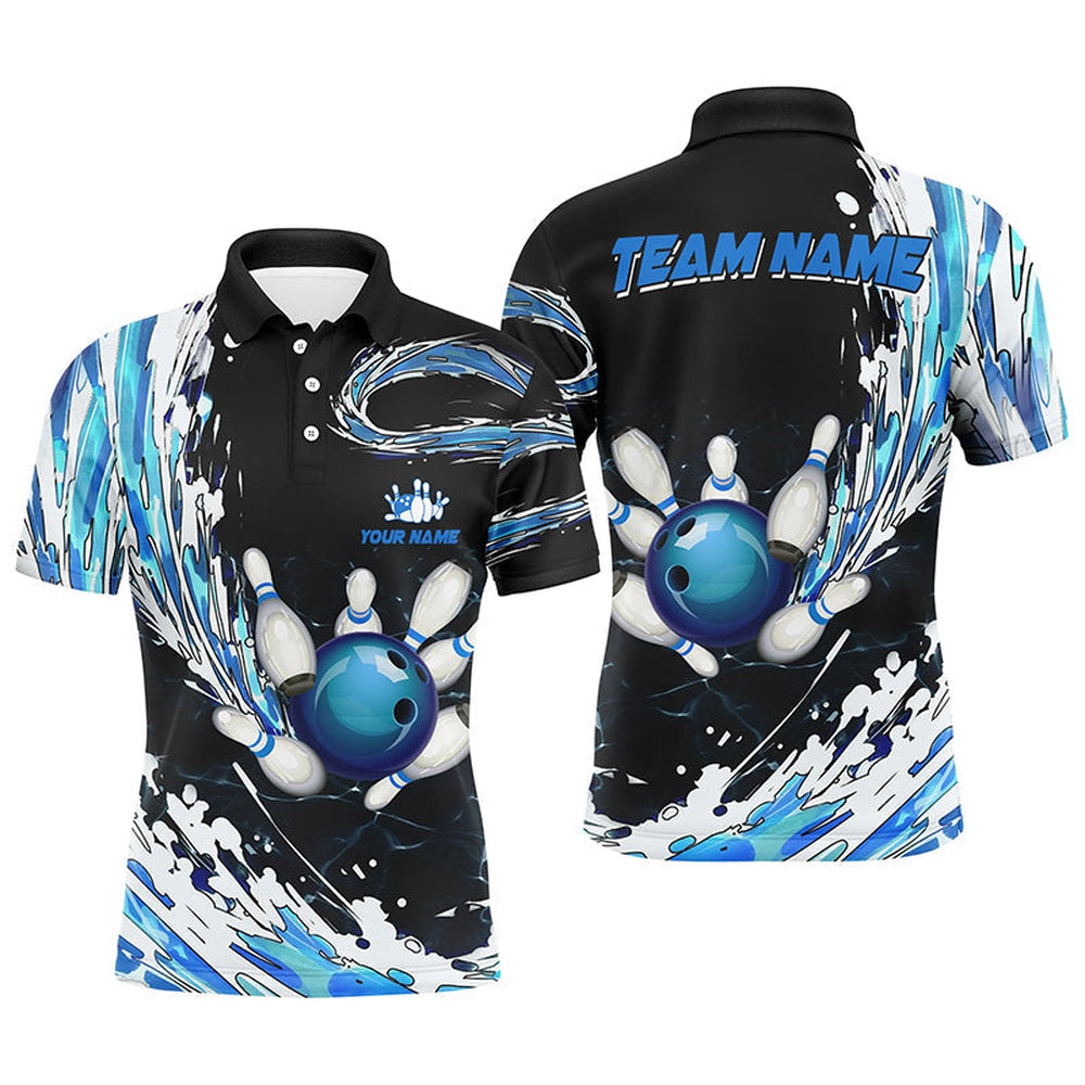 Custom Bowling Polo Shirts, Blue Bowling Mens Polo Shirts Custom Bowling Ball Pins Black Bowling Team League Jerseys
