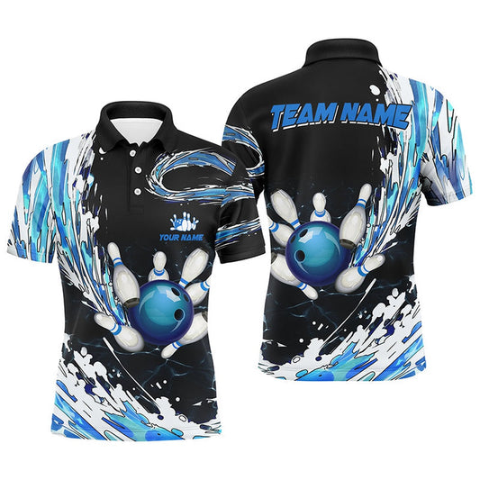 Custom Bowling Polo Shirts, Blue Bowling Mens Polo Shirts Custom Bowling Ball Pins Black Bowling Team League Jerseys