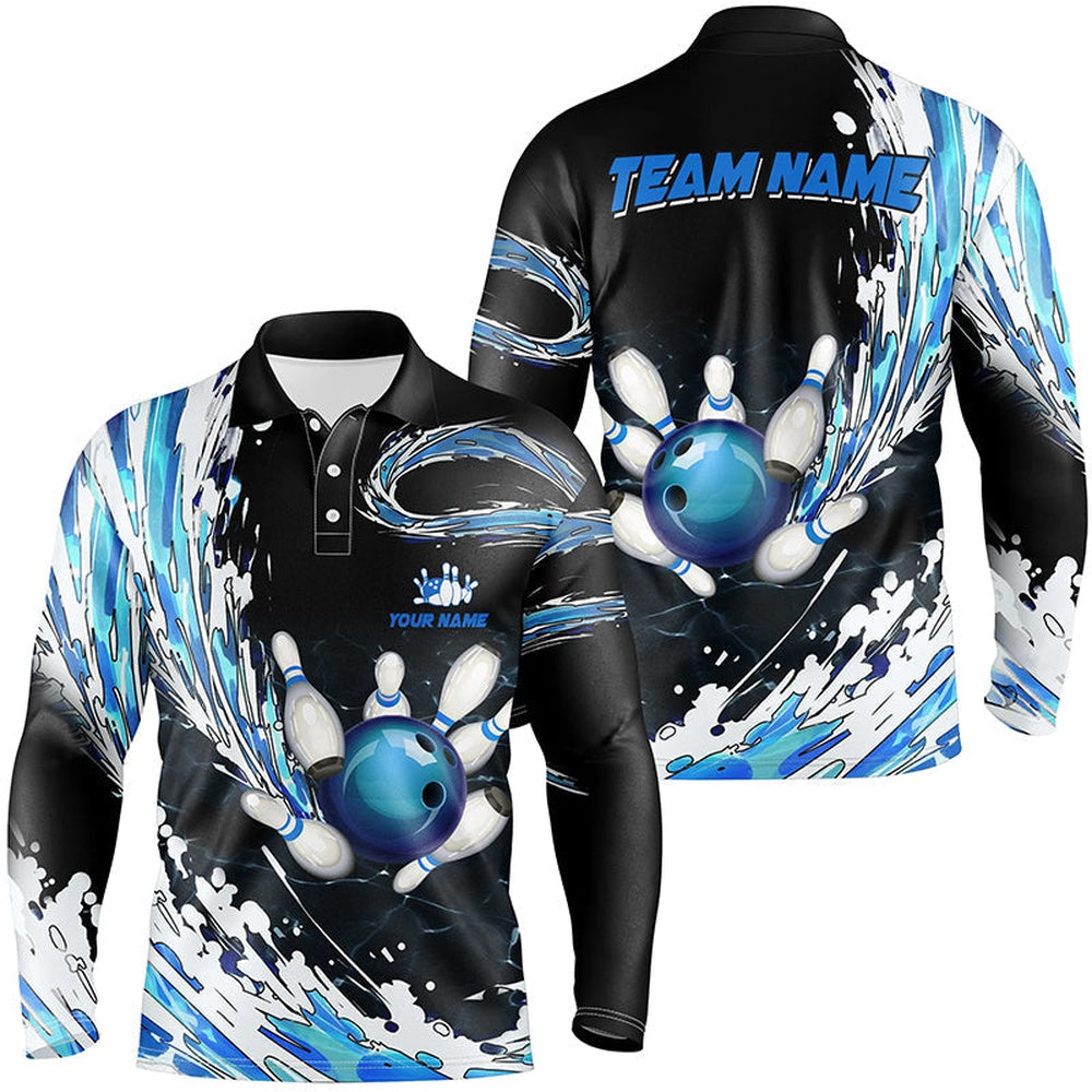 Custom Bowling Polo Shirts, Blue Bowling Mens Polo Shirts Custom Bowling Ball Pins Black Bowling Team League Jerseys