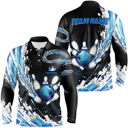 Custom Bowling Polo Shirts, Blue Bowling Mens Polo Shirts Custom Bowling Ball Pins Black Bowling Team League Jerseys