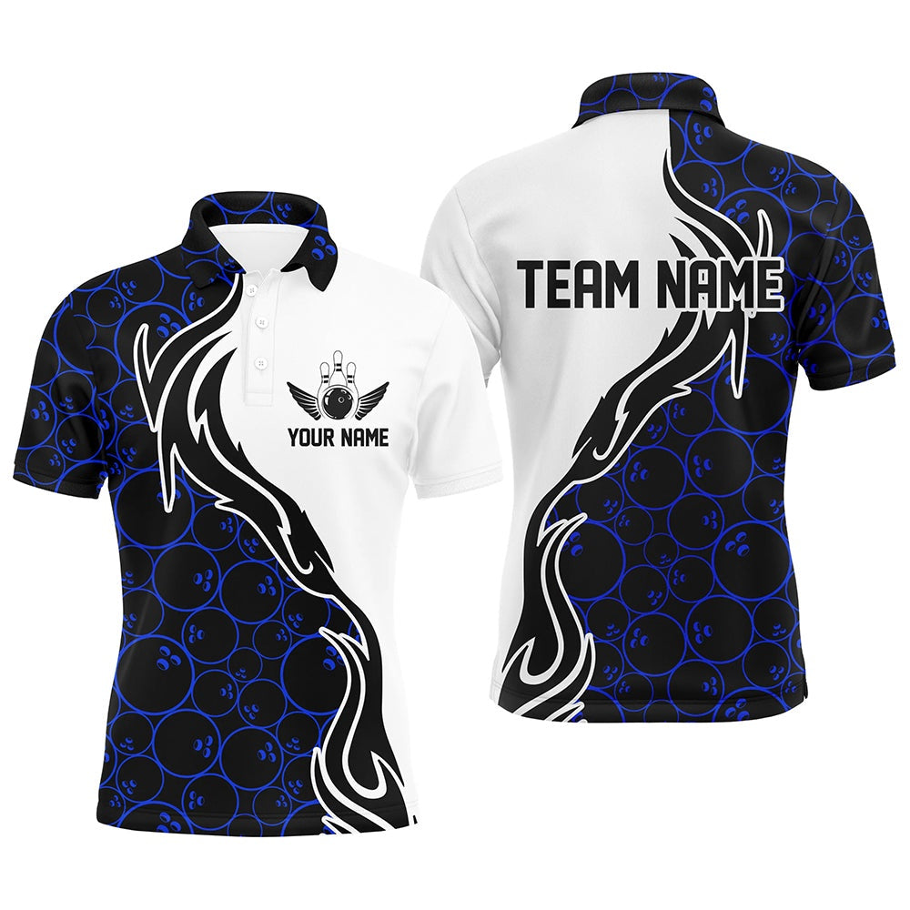 Custom Bowling Polo Shirts, Blue Bowling Pattern Custom Men Bowling Polo Shirts Flame Bowling Team Jerseys Bowling Tournament