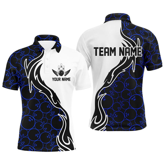 Custom Bowling Polo Shirts, Blue Bowling Pattern Custom Men Bowling Polo Shirts Flame Bowling Team Jerseys Bowling Tournament