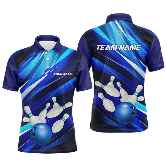 Custom Bowling Polo Shirts, Blue Bowling Polo Shirts For Men, Bowling Ball And Pins Custom Bowling Team Jerseys