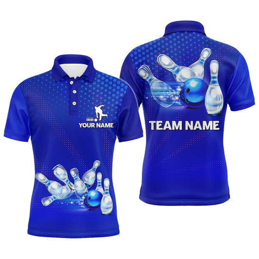 Custom Bowling Polo Shirts, Blue Bowling Polo Shirts For Men Bowling Team League Jersey Custom Bowling Shirts
