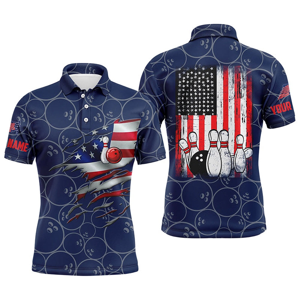 Custom Bowling Polo Shirts, Blue Bowling Polo Shirts For Men Custom Name Vintage American Flag Bowling Jerseys
