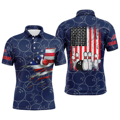 Custom Bowling Polo Shirts, Blue Bowling Polo Shirts For Men Custom Name Vintage American Flag Bowling Jerseys