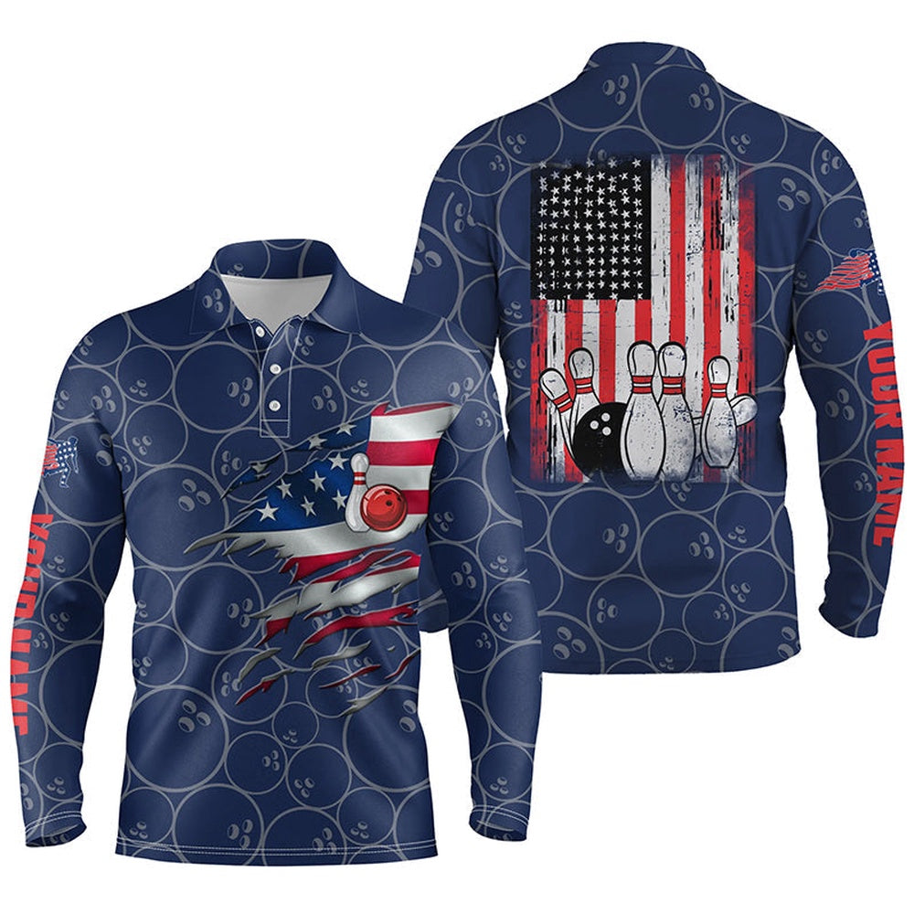 Custom Bowling Polo Shirts, Blue Bowling Polo Shirts For Men Custom Name Vintage American Flag Bowling Jerseys