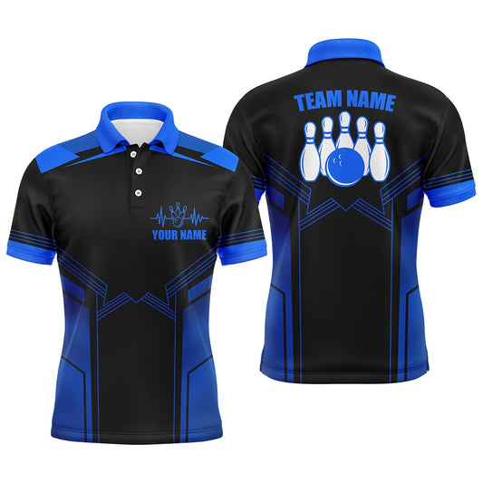 Custom Bowling Polo Shirts, Blue Bowling Shirt For Men Custom Name Bowling Polo Shirt Men'S Bowling Team Jersey