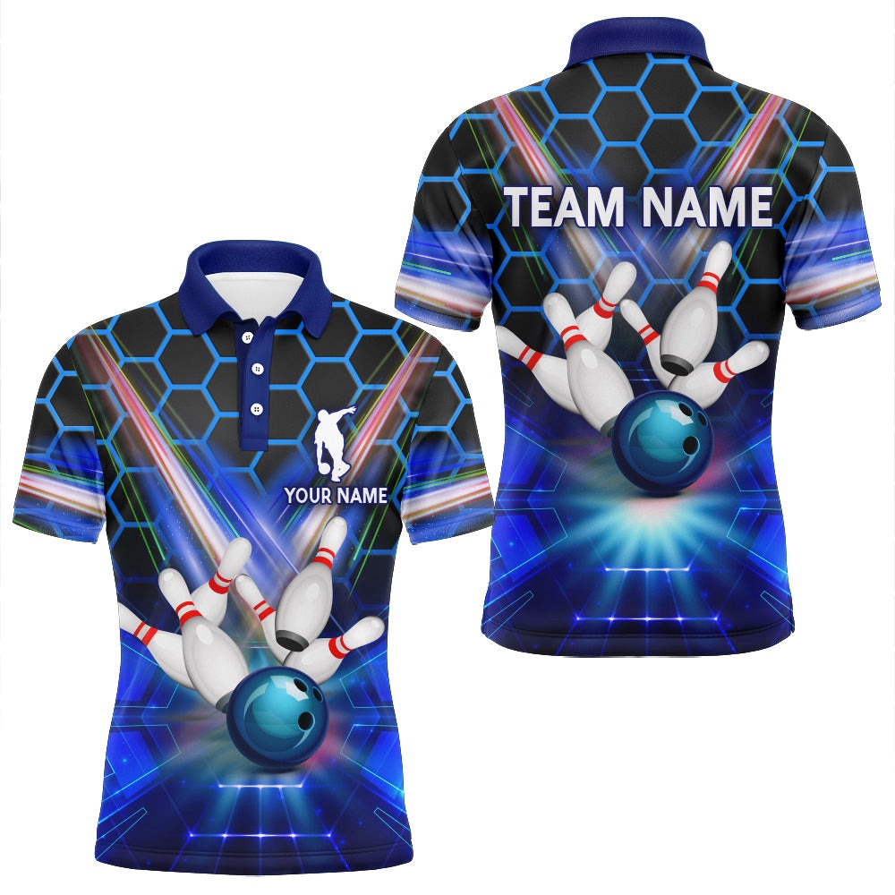 Custom Bowling Polo Shirts, Blue Bowling Shirt For Men Custom Name Polo Bowling Jersey Bowling Team Shirt For Men