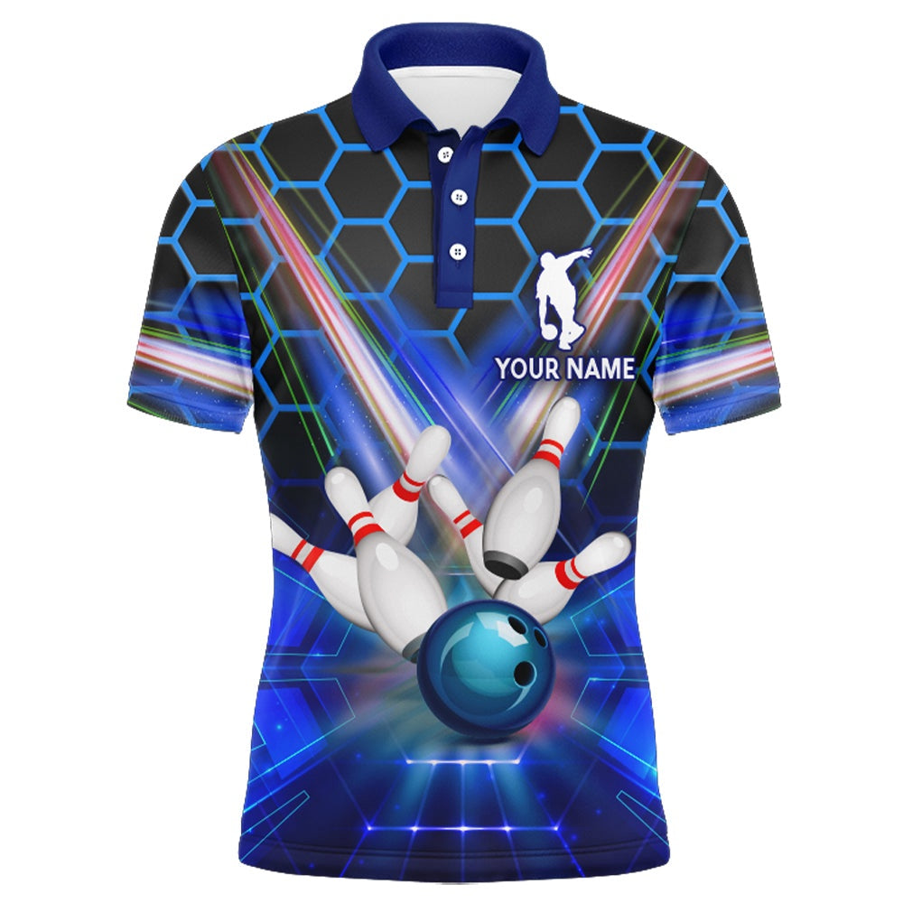 Custom Bowling Polo Shirts, Blue Bowling Shirt For Men Custom Name Polo Bowling Jersey Bowling Team Shirt For Men