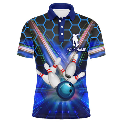 Custom Bowling Polo Shirts, Blue Bowling Shirt For Men Custom Name Polo Bowling Jersey Bowling Team Shirt For Men