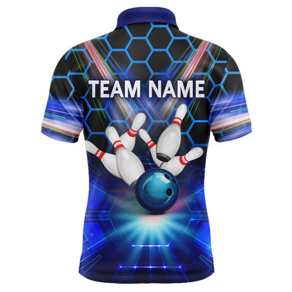 Custom Bowling Polo Shirts, Blue Bowling Shirt For Men Custom Name Polo Bowling Jersey Bowling Team Shirt For Men