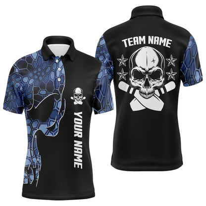 Custom Bowling Polo Shirts, Blue Camo Black Bowling Polo Shirts For Men Custom Team Name Skull Bowling, Team Bowling Shirts