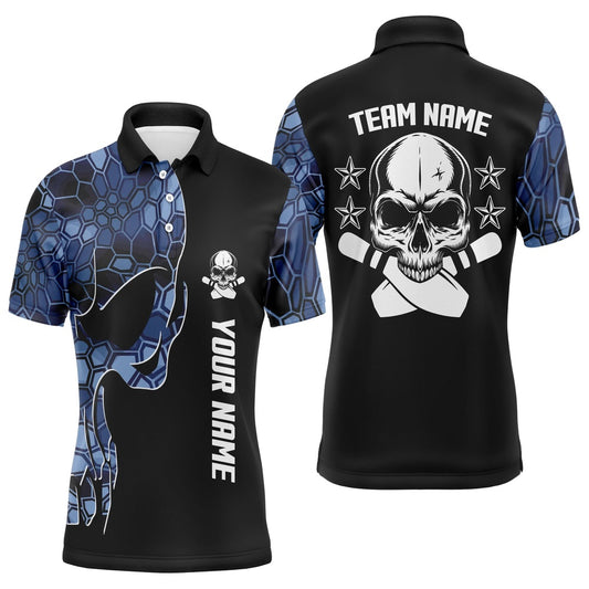 Custom Bowling Polo Shirts, Blue Camo Black Bowling Polo Shirts For Men Custom Team Name Skull Bowling, Team Bowling Shirts