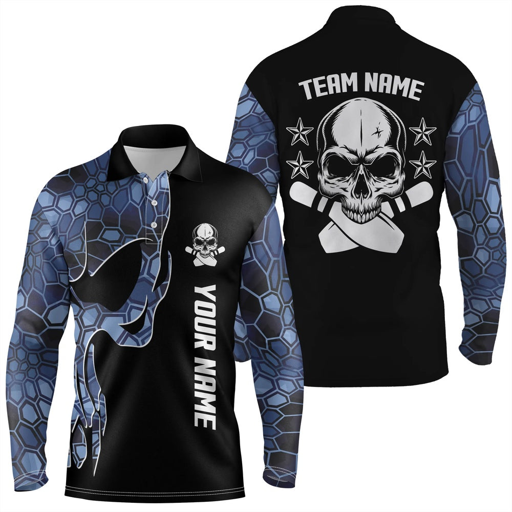 Custom Bowling Polo Shirts, Blue Camo Black Bowling Polo Shirts For Men Custom Team Name Skull Bowling, Team Bowling Shirts