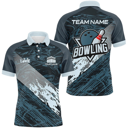 Custom Bowling Polo Shirts, Blue Camo Bowling Ball And Pins Custom Men Bowling Polo Shirts, Gift For Team Bowlers
