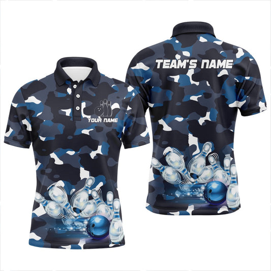 Custom Bowling Polo Shirts, Blue Camo Bowling Men'S Polo Shirt, Custom Team Name Short Sleeve Men Bowling Jersey