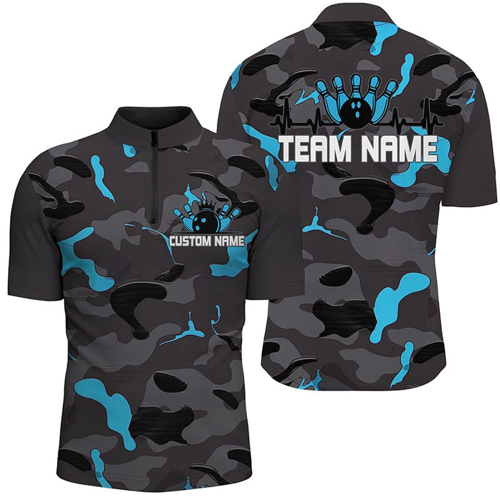 Custom Bowling Polo Shirts, Blue Camo Bowling Pulse Heartbeat Custom Team Shirts For Men And Women, Camouflage Bowler Outfit