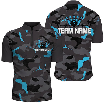 Custom Bowling Polo Shirts, Blue Camo Bowling Pulse Heartbeat Custom Team Shirts For Men And Women, Camouflage Bowler Outfit