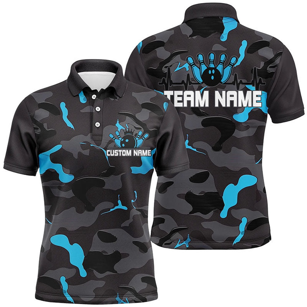 Custom Bowling Polo Shirts, Blue Camo Bowling Pulse Heartbeat Custom Team Shirts For Men And Women, Camouflage Bowler Outfit
