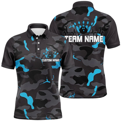 Custom Bowling Polo Shirts, Blue Camo Bowling Pulse Heartbeat Custom Team Shirts For Men And Women, Camouflage Bowler Outfit