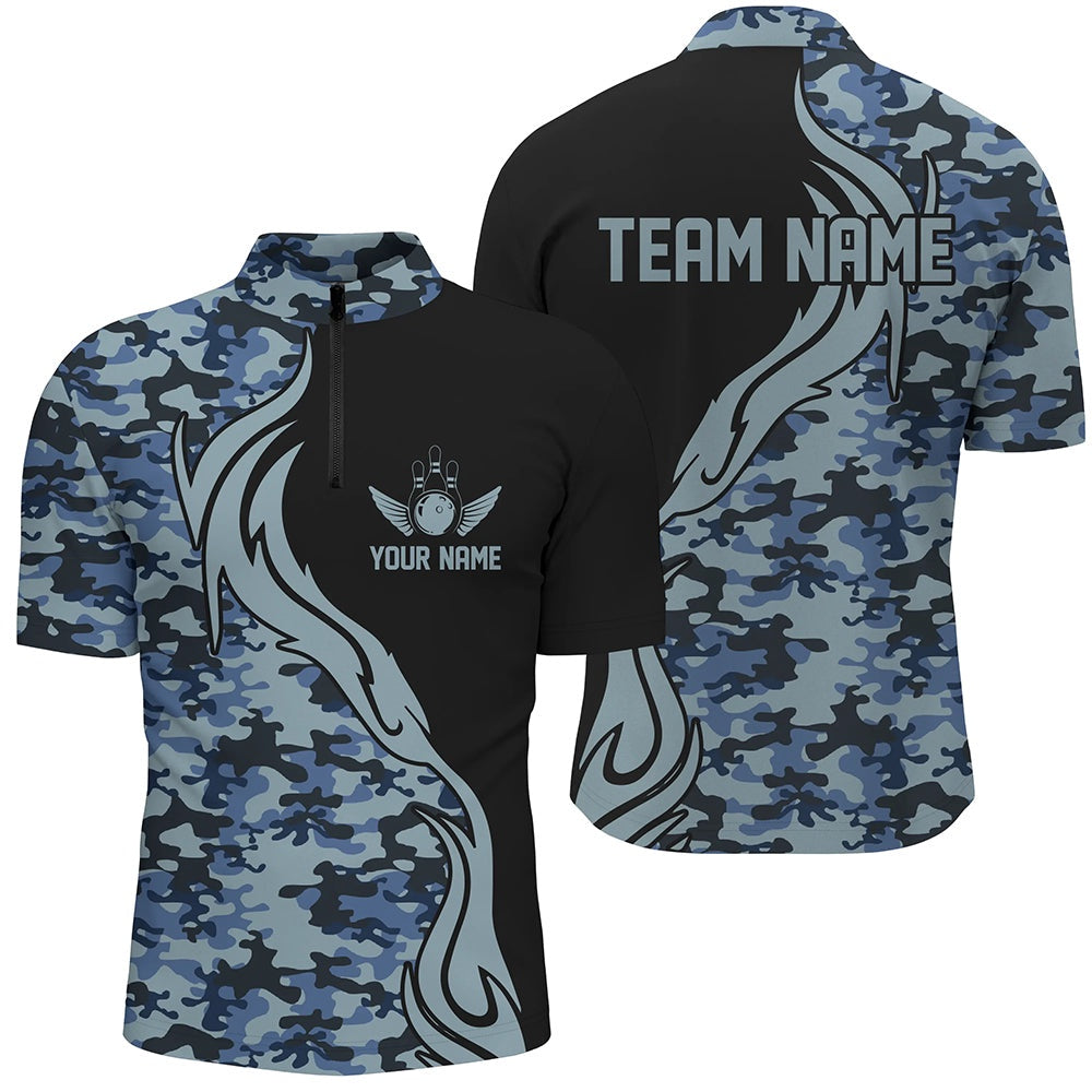 Custom Bowling Polo Shirts, Blue Camo Custom Army Bowling Team Shirts Personalized Bowling League Shirts For Men