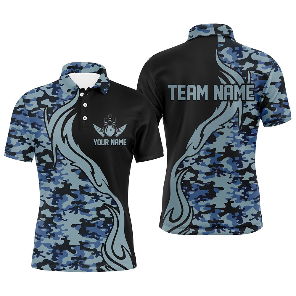 Custom Bowling Polo Shirts, Blue Camo Custom Army Bowling Team Shirts Personalized Bowling League Shirts For Men